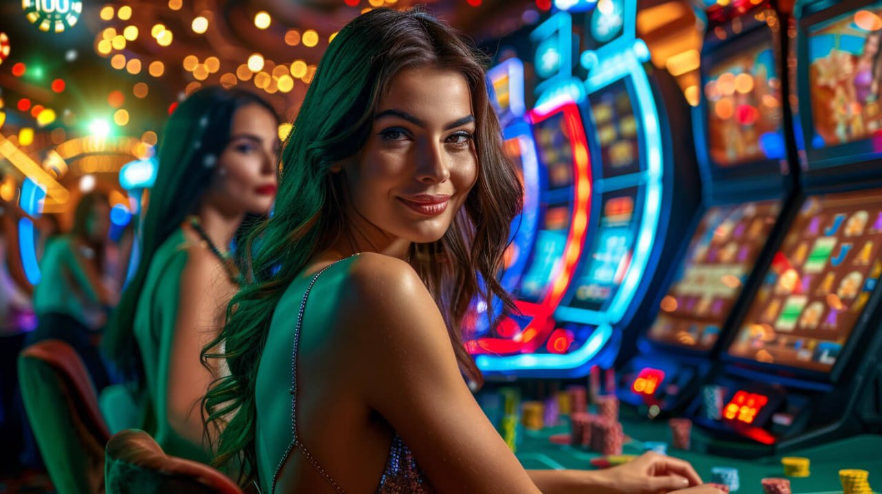 Slots feature panels showing neon reels and mobile-friendly sections